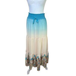 VTG Y2K Very Vollbracht Ombré Tiered Peasant Maxi Skirt Boho Art Feathers Sz S